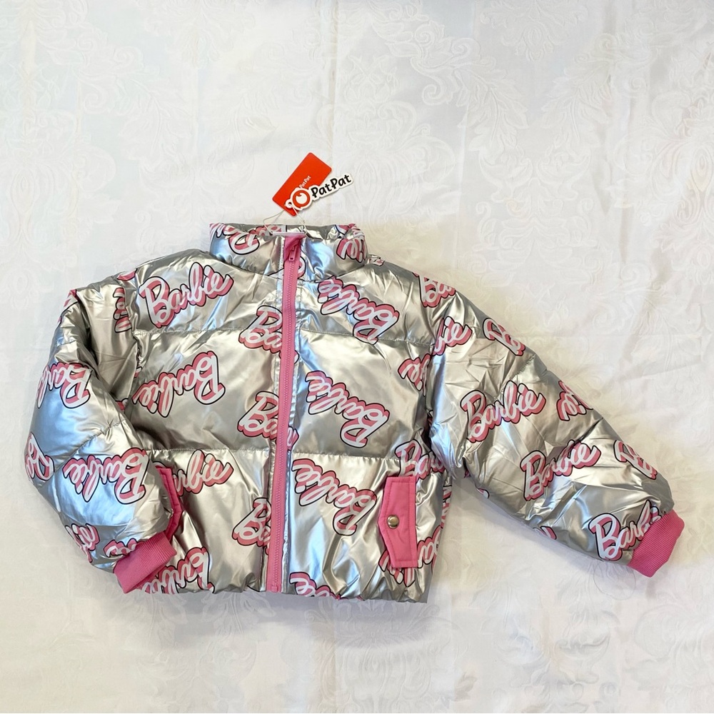 Barbie Girl 1pc Logo Pattern Long-sleeve Crop Puffer Jacket Silver and Pink - Picture 8 of 12